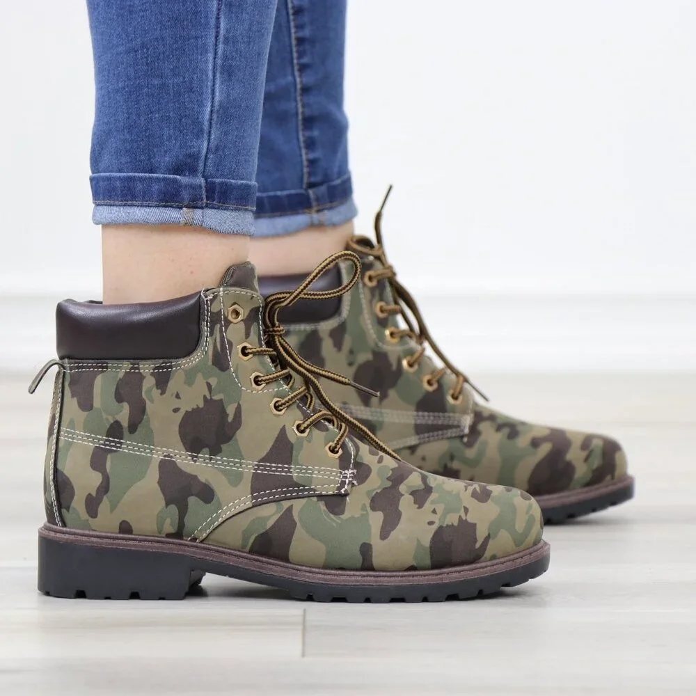 Women's Camouflage Combat Lace-up Ankle Boots Low Heel Casual Short Booties - Picture 4 of 15
